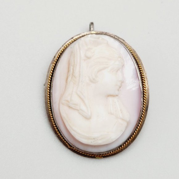 Antique Pink Shell Carved Cameo Gold and 900 Silver Oval Brooch Pendant - Picture 3 of 10